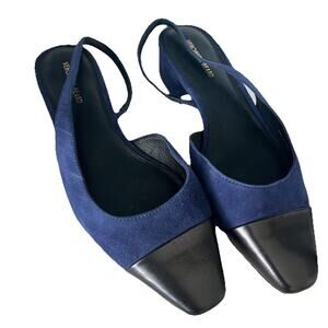 VERONICA BEARD CECILE BLUE BLACK LEATHER SUEDE LOW HEEL SLING SIZE 7.5